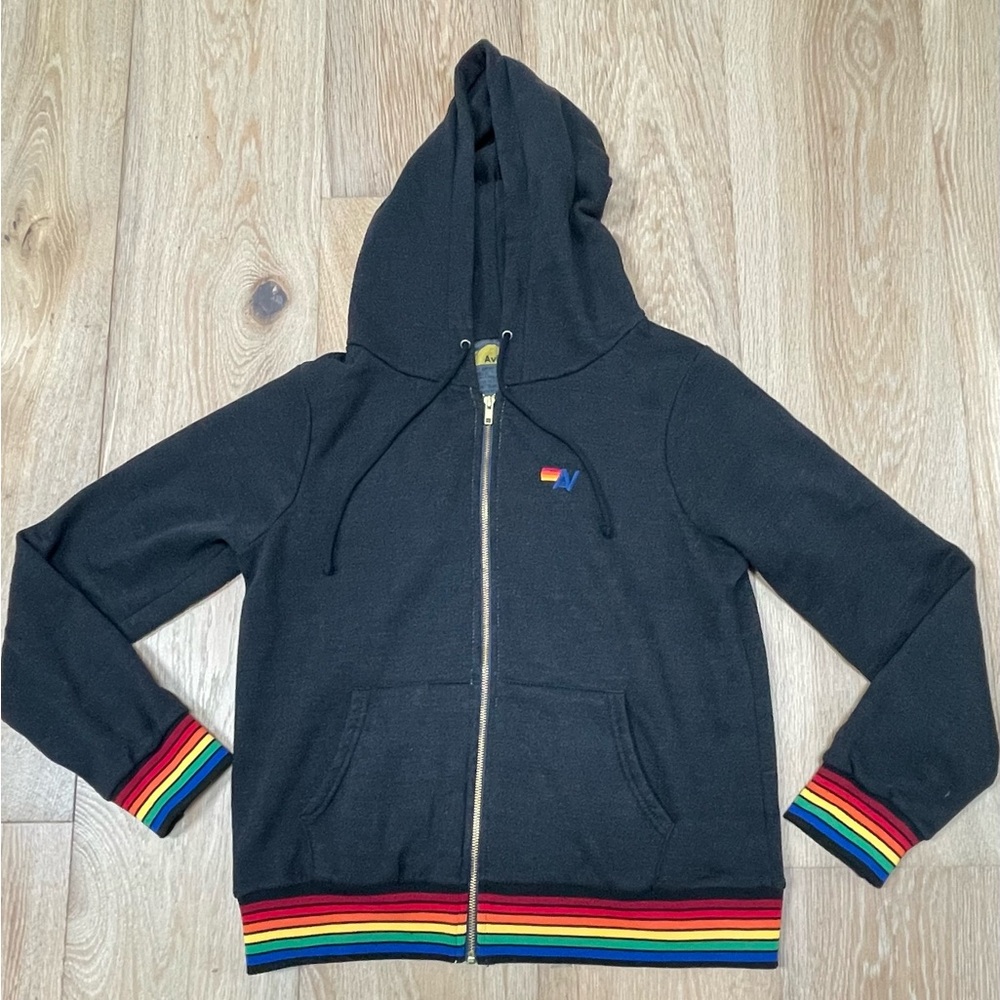 Aviator Nation Black Hoodie with Rainbow trim unisex size medium